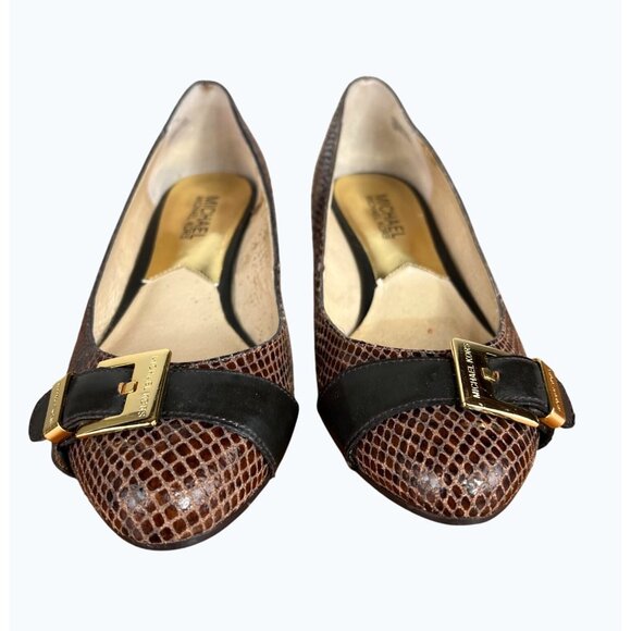 Michael Kors Brown Snakeskin Pattern Leather Flats With Black Buckle Accents 7M - Picture 2 of 10